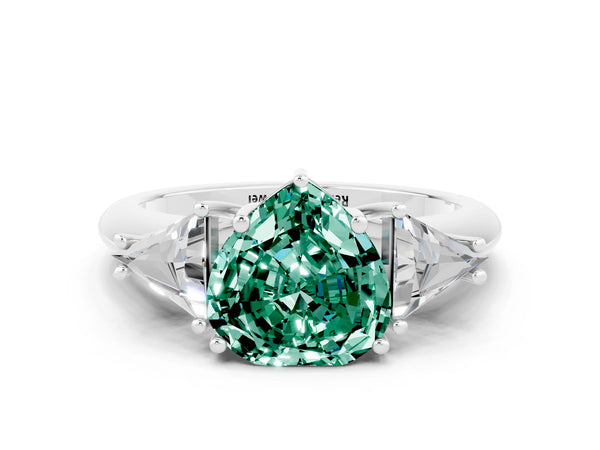 Silver Three-Stone Heart Cut Green Sapphire Engagement Ring with Trillion Side Stones and Prong Setting