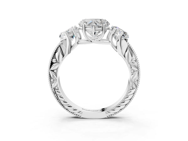 White Gold Heart-Shaped Vintage Three Stone Engagement Ring Setting with Milgrain Pave Band