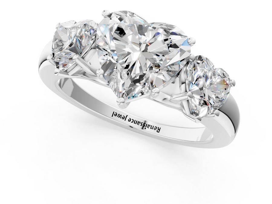 White gold Heart Cut Diamond Three-Stone Ring with Four-Prong Setting and Classic Band