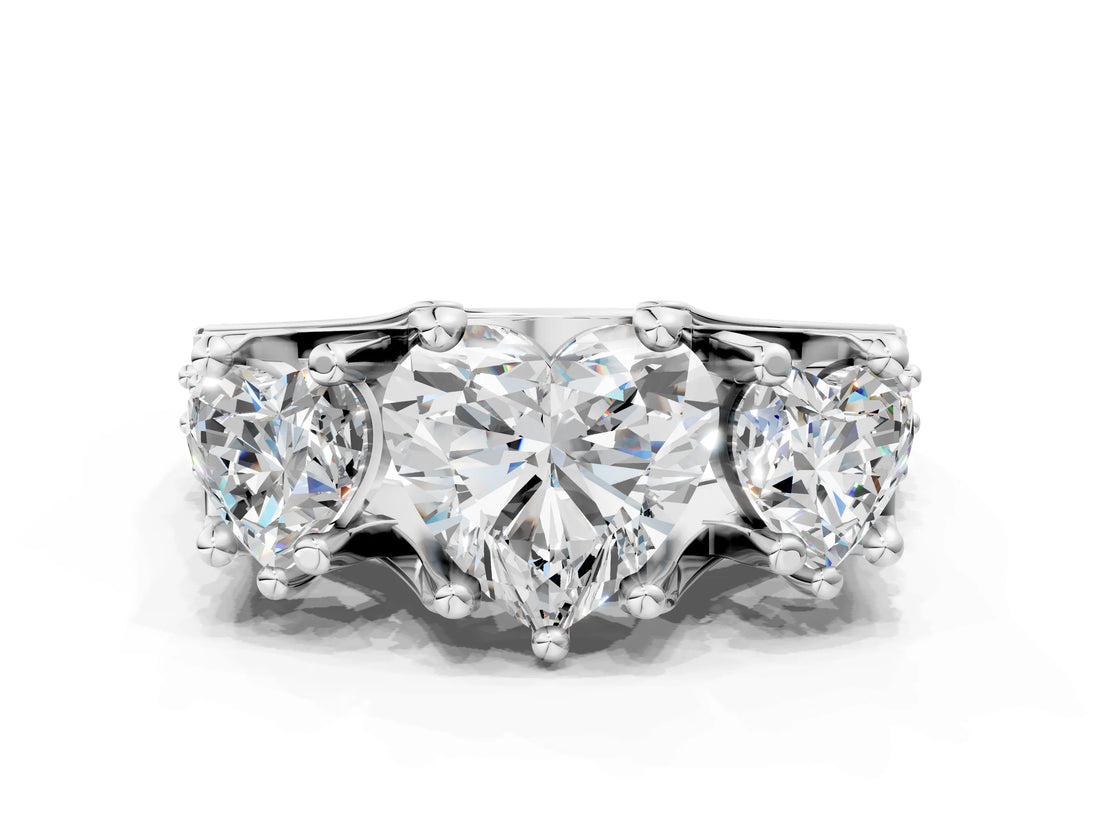 White gold Three-Stone Heart Cut Diamond Ring with Channel-Set Band and Four-Prong Setting_64
