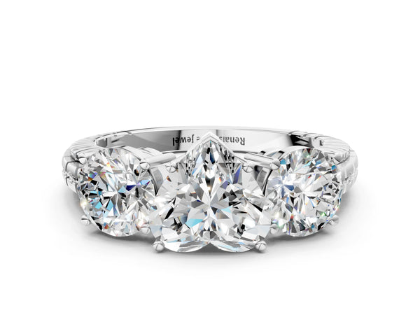 Platinum Heart-Shaped Three-Stone Engagement Ring Setting with Engraved Notched Band
