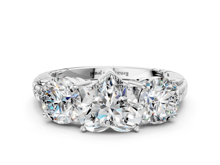White gold Three-Stone Heart Cut Diamond Ring with Channel-Set Band and Prong Setting