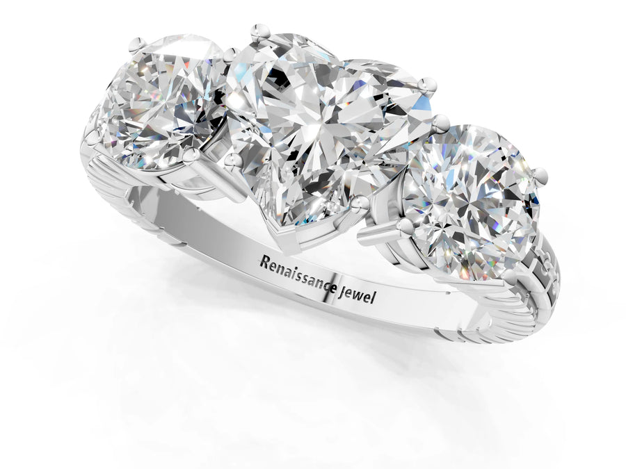 White gold Three-Stone Heart Cut Diamond Ring with Channel-Set Band and Prong Setting