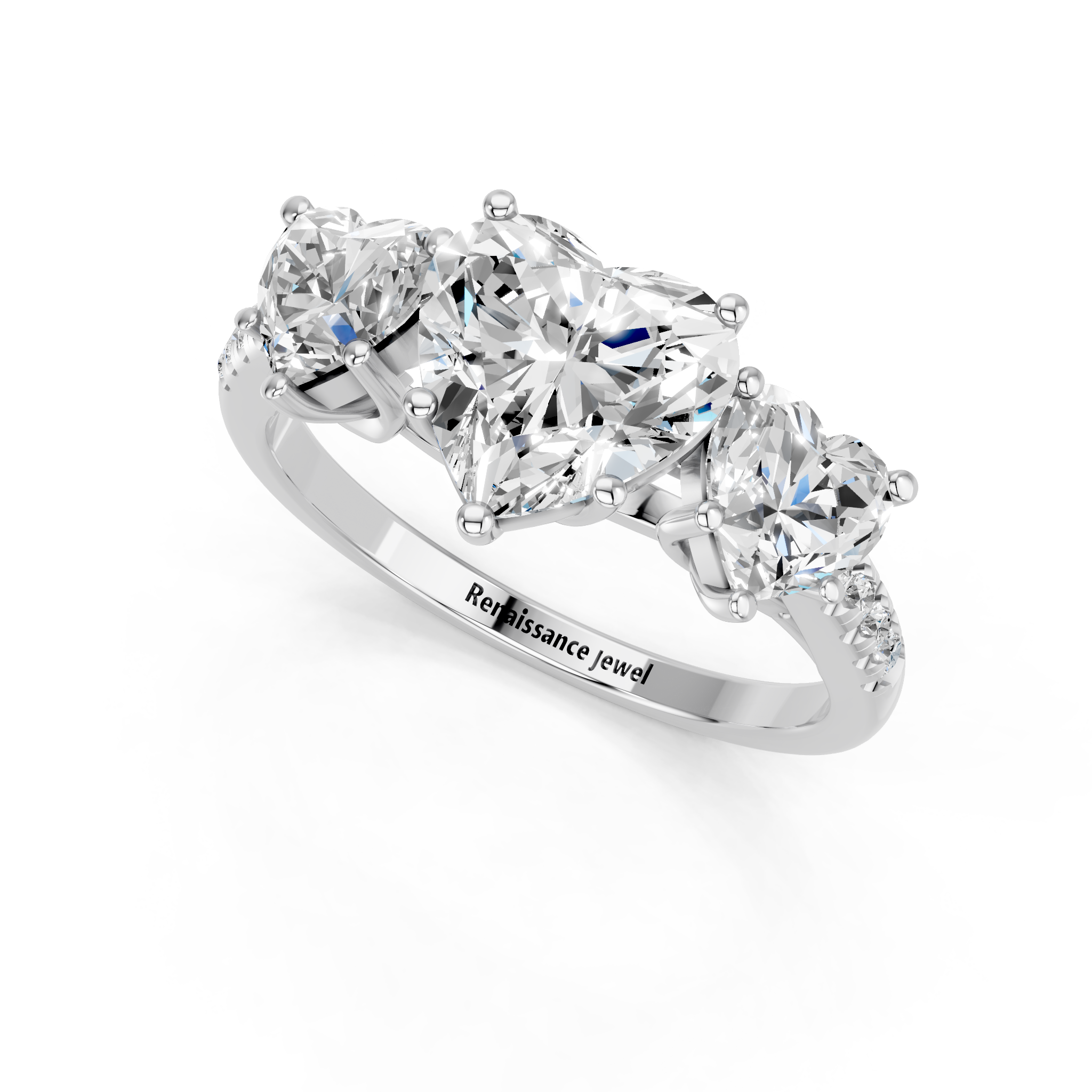 White gold Three-Stone Heart Cut Diamond Ring with Pavé Band and Prong Setting_11