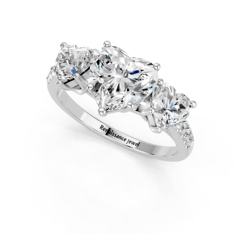 White gold Three-Stone Heart Cut Diamond Ring with Pavé Band and Prong Setting_11