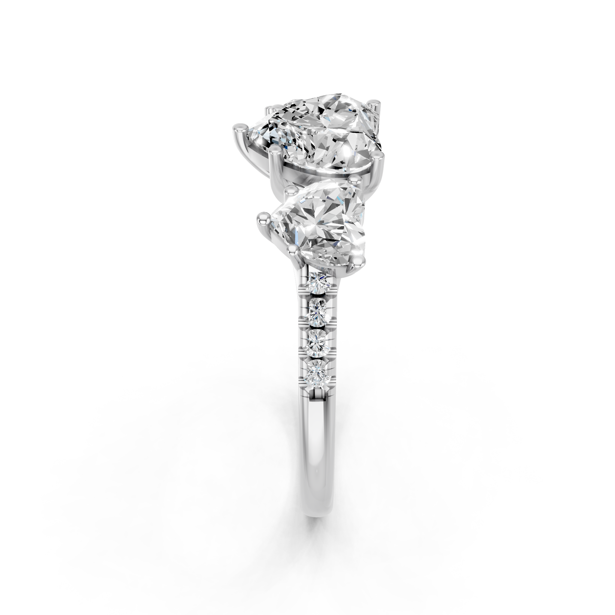 White gold Three-Stone Heart Cut Diamond Ring with Pavé Band and Prong Setting_12