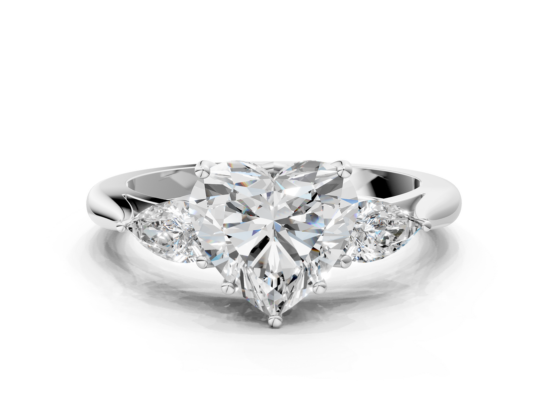 White gold Three-Stone Heart Cut Diamond Ring with Pear Side Stones in Four-Prong Setting_197