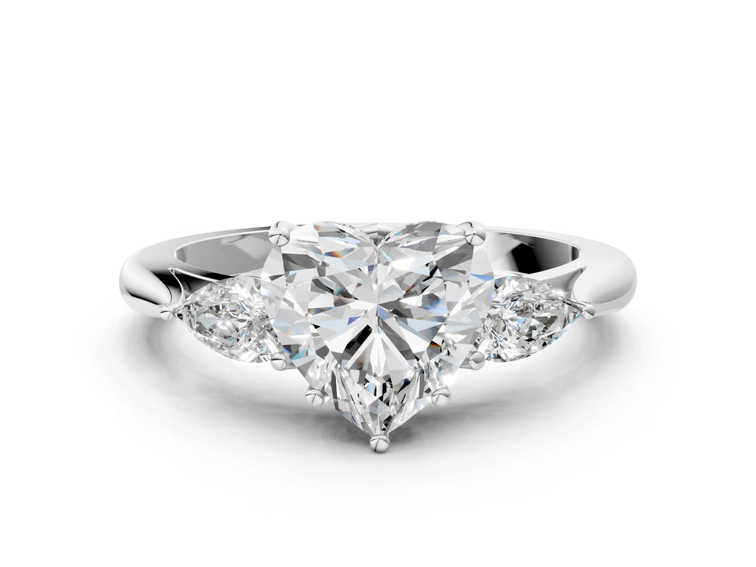 White gold Three-Stone Heart Cut Diamond Ring with Pear  Side Stones in Four-Prong Setting_22