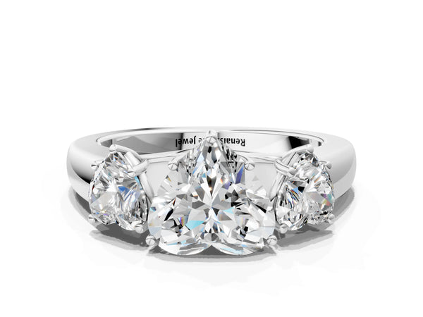 White gold Three-Stone Heart Cut Diamond Ring with Prong Setting and Classic Band