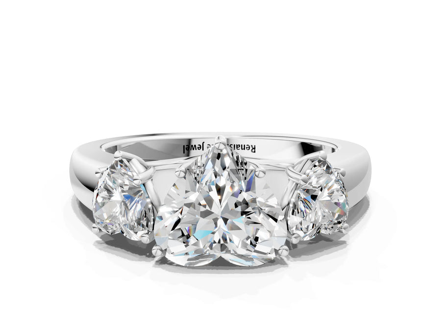 White gold Three-Stone Heart Cut Diamond Ring with Prong Setting and Classic Band