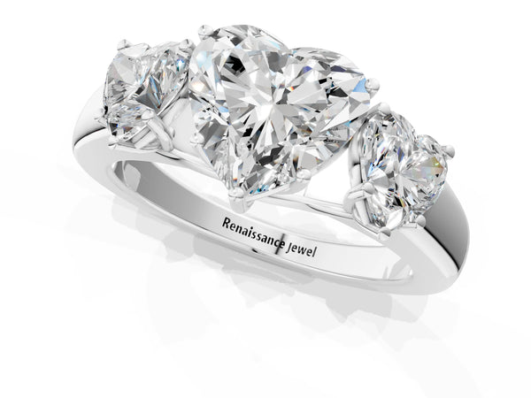 White gold Three-Stone Heart Cut Diamond Ring with Prong Setting and Classic Band