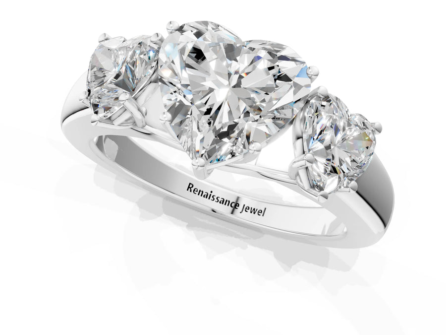White gold Three-Stone Heart Cut Diamond Ring with Prong Setting and Classic Band