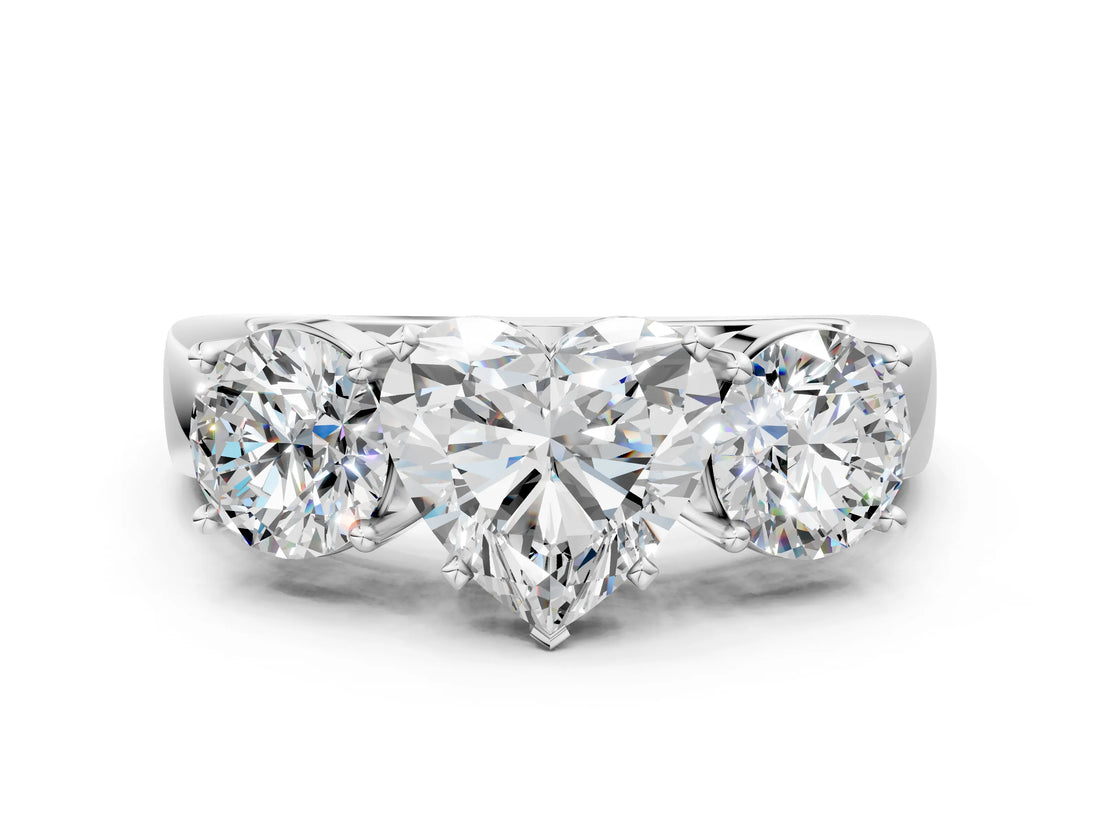 White gold Three-Stone Heart Cut Diamond Ring with Round Side Stones, Classic Band, and Four-Prong Setting_7