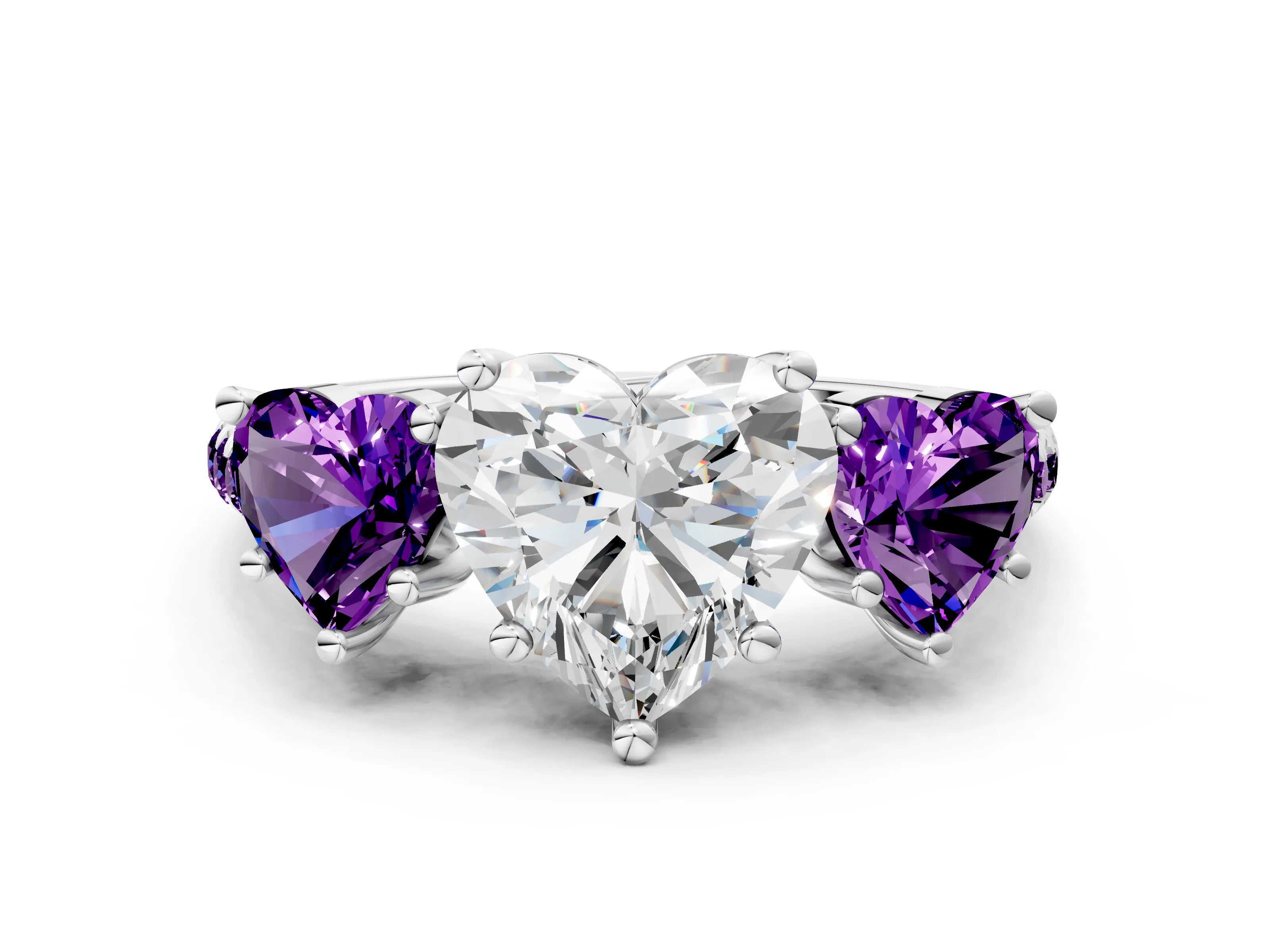 White gold Three-Stone Heart Cut Diamond Ring with Round with Amethyst side stone Pavé Band and Prong Setting
