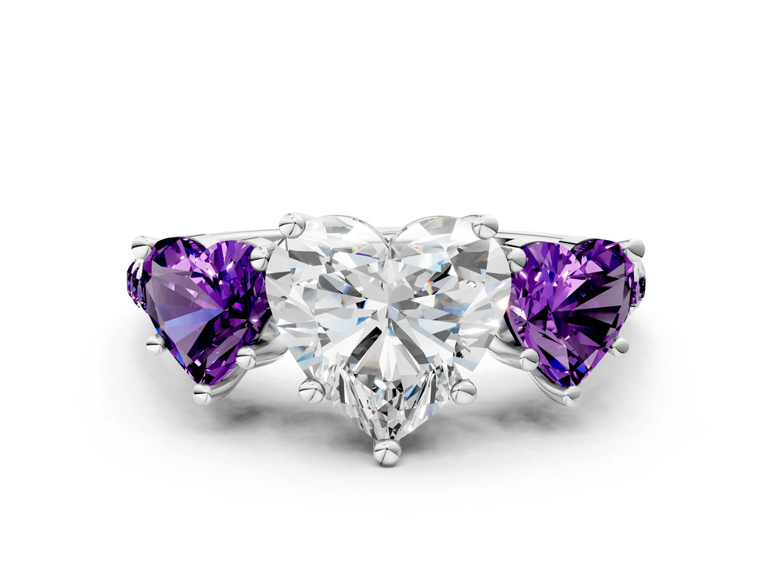 White gold Three-Stone Heart Cut Diamond Ring with Round with Amethyst side stone Pavé Band and Prong Setting_12