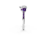 White gold Three-Stone Heart Cut Diamond Ring with Round with Amethyst side stone Pavé Band and Prong Setting_14