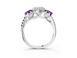 White gold Three-Stone Heart Cut Diamond Ring with Round with Amethyst side stone Pavé Band and Prong Setting_15