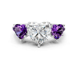 White gold Three-Stone Heart Cut Diamond Ring with Round with Amethyst side stone Pavé Band and Prong Setting