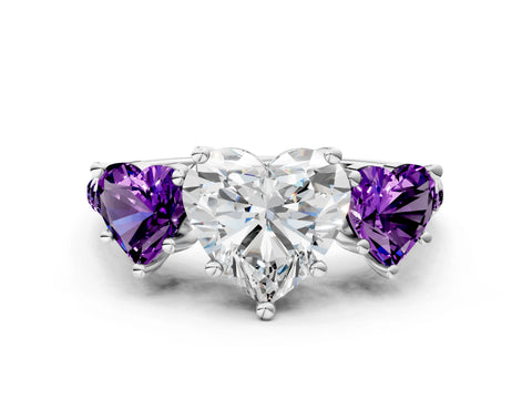White gold Three-Stone Heart Cut Diamond Ring with Round with Amethyst side stone Pavé Band and Prong Setting