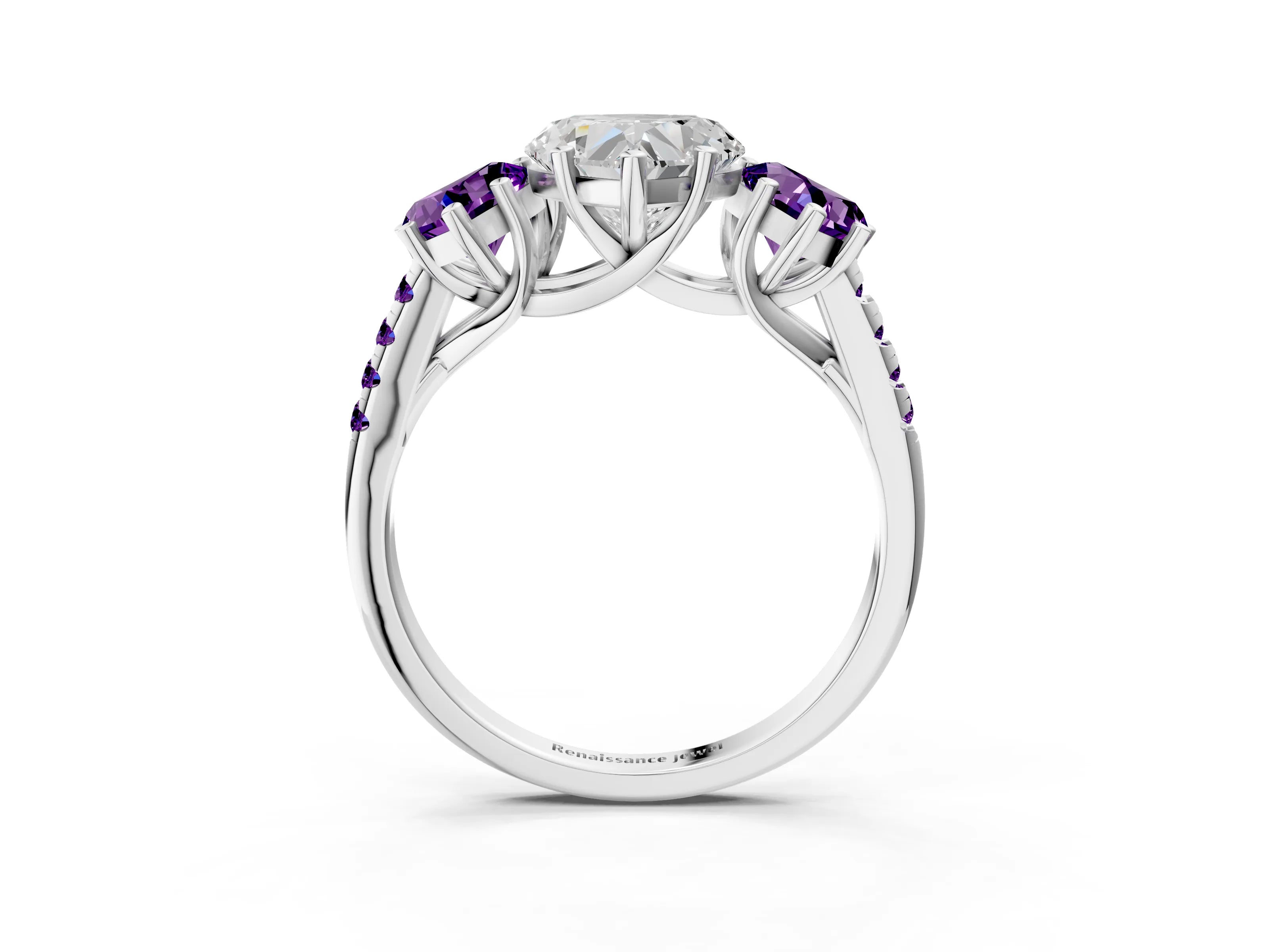White gold Three-Stone Heart Cut Diamond Ring with Round with Amethyst side stone Pavé Band and Prong Setting_3