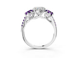 White gold Three-Stone Heart Cut Diamond Ring with Round with Amethyst side stone Pavé Band and Prong Setting_3