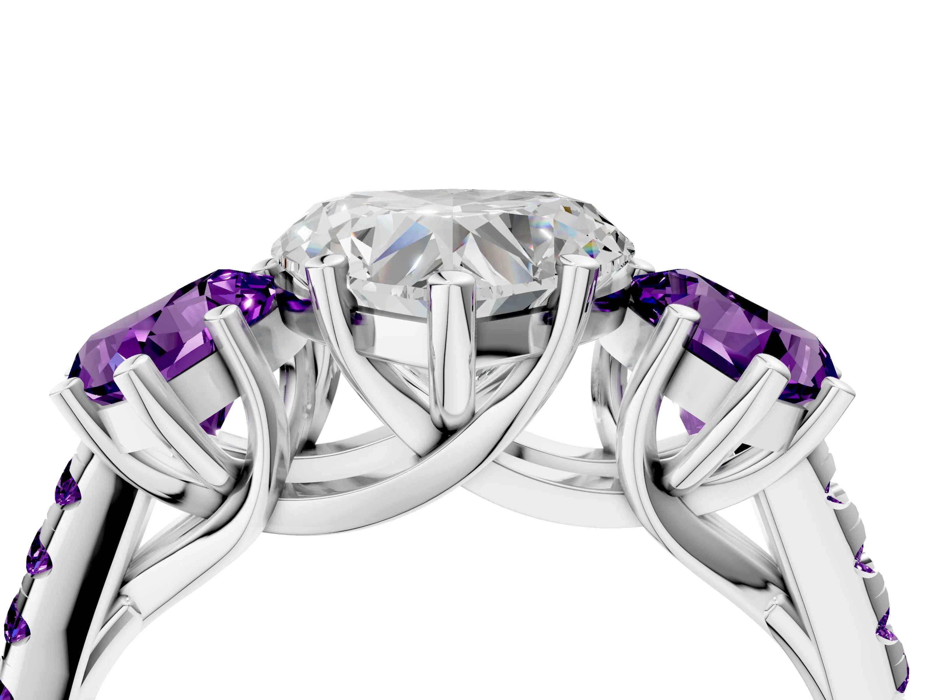White gold Three-Stone Heart Cut Diamond Ring with Round with Amethyst side stone Pavé Band and Prong Setting_4