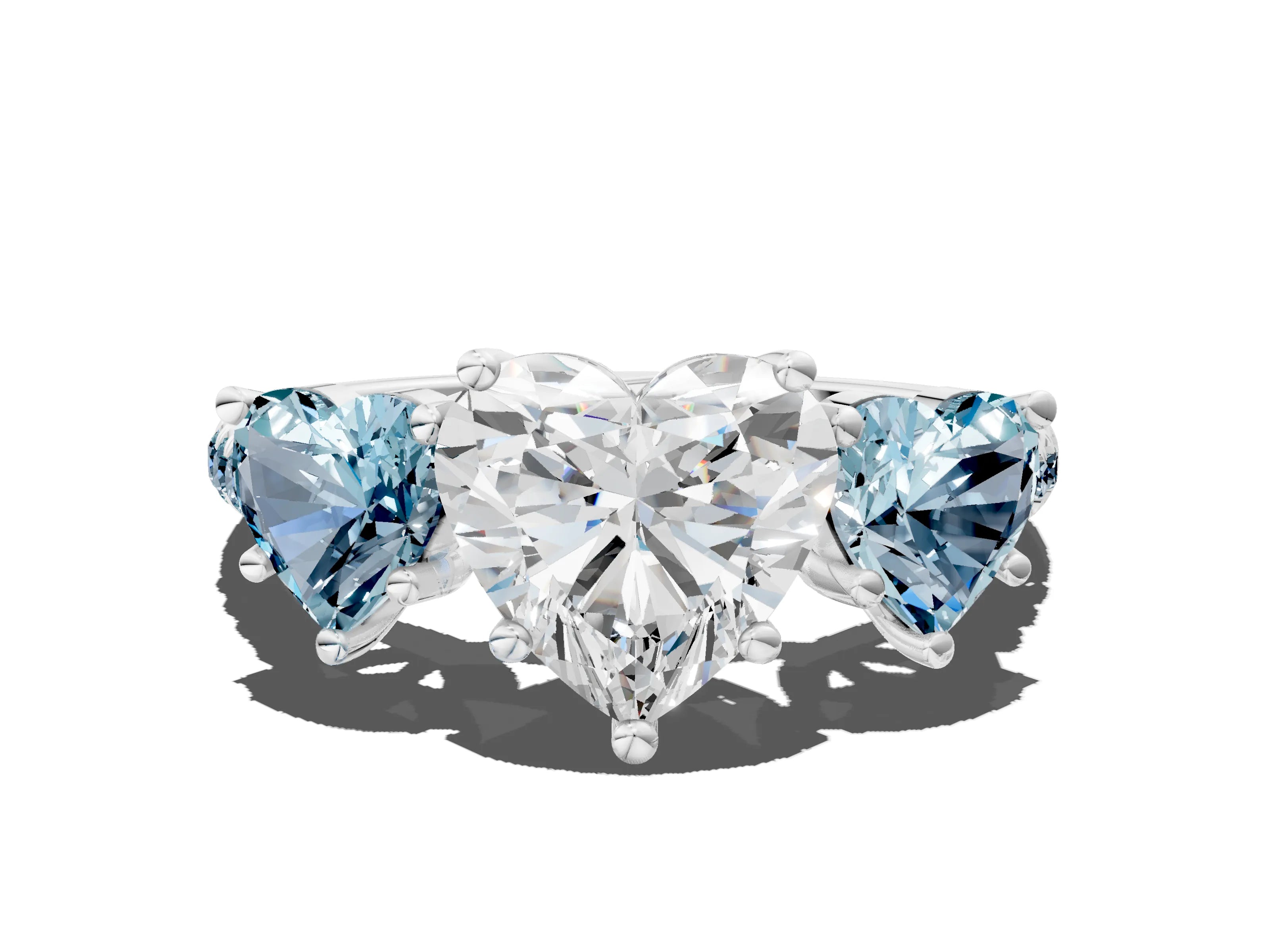 White gold Three-Stone Heart Cut Diamond Ring with Round with Aquamarine side stone Pavé Band and Prong Setting