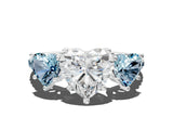 White gold Three-Stone Heart Cut Diamond Ring with Round with Aquamarine side stone Pavé Band and Prong Setting