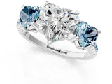 White gold Three-Stone Heart Cut Diamond Ring with Round with Aquamarine side stone Pavé Band and Prong Setting_1
