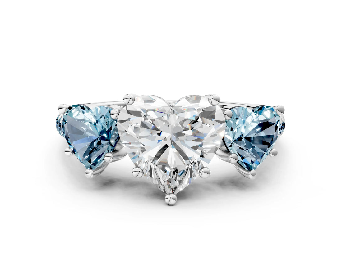 White gold Three-Stone Heart Cut Diamond Ring with Round with Aquamarine side stone Pavé Band and Prong Setting_12