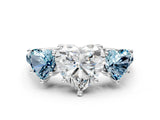 White gold Three-Stone Heart Cut Diamond Ring with Round with Aquamarine side stone Pavé Band and Prong Setting_12