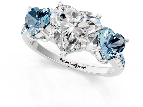 White gold Three-Stone Heart Cut Diamond Ring with Round with Aquamarine side stone Pavé Band and Prong Setting_1