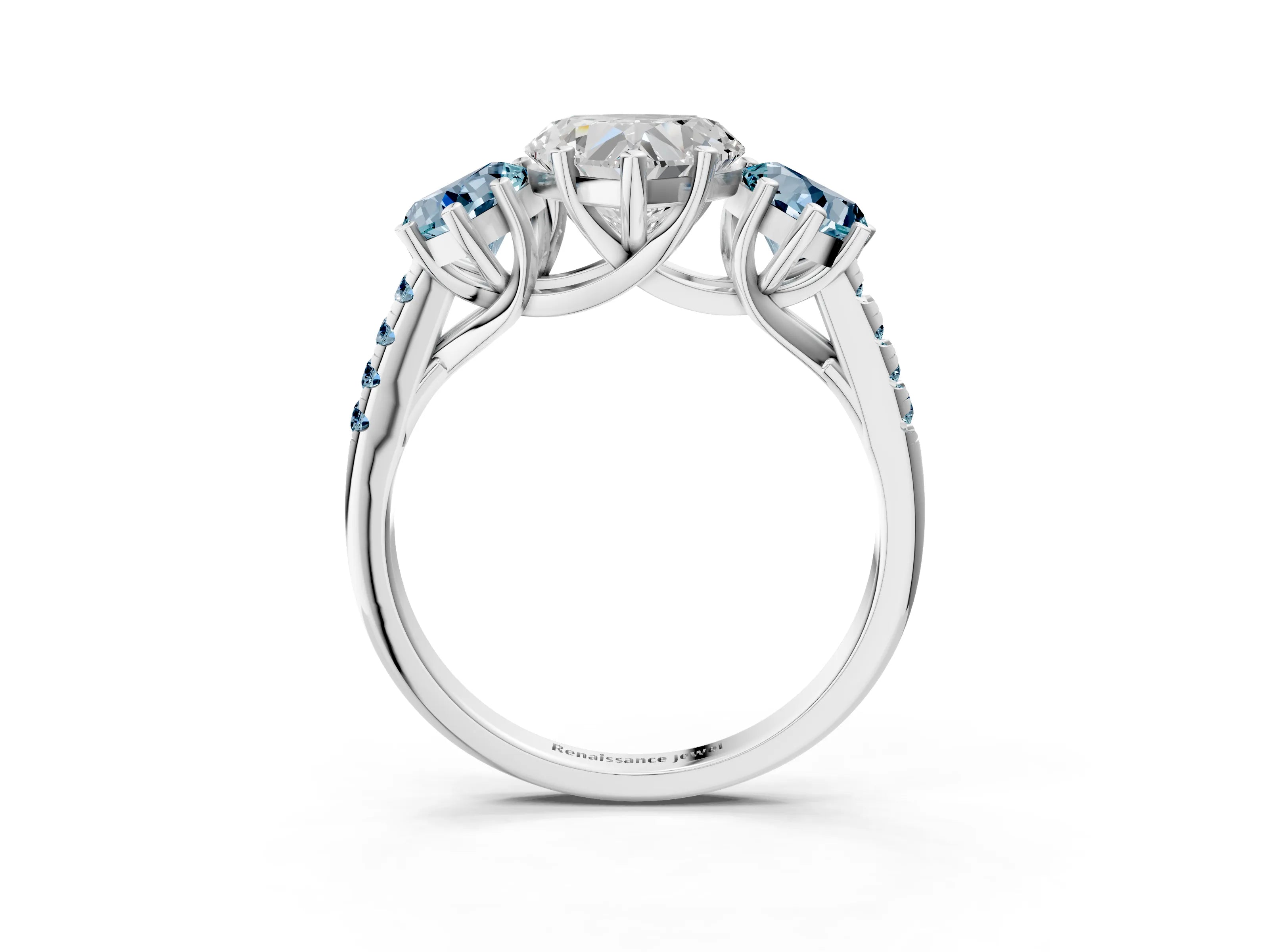 White gold Three-Stone Heart Cut Diamond Ring with Round with Aquamarine side stone Pavé Band and Prong Setting_3