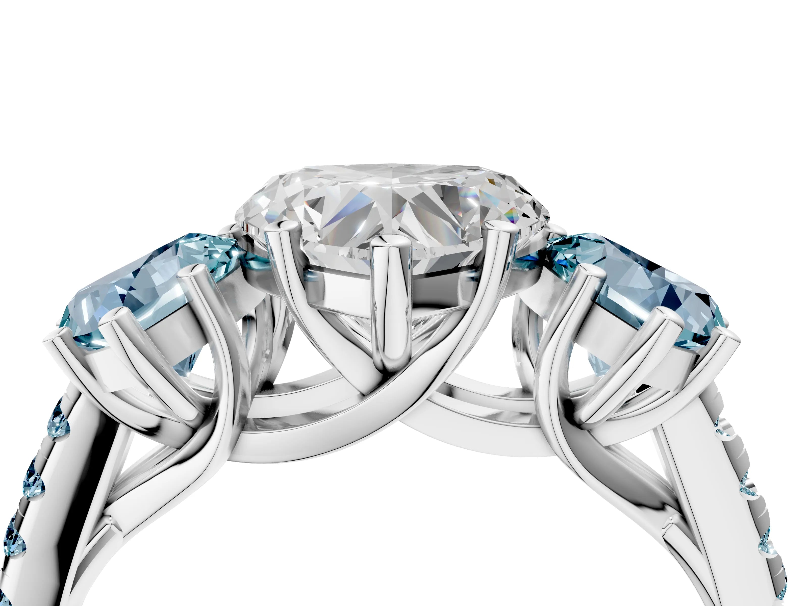 White gold Three-Stone Heart Cut Diamond Ring with Round with Aquamarine side stone Pavé Band and Prong Setting_4