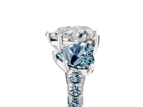 White gold Three-Stone Heart Cut Diamond Ring with Round with Aquamarine side stone Pavé Band and Prong Setting_5