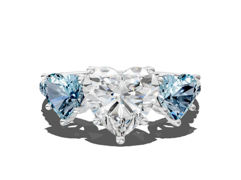 White gold Three-Stone Heart Cut Diamond Ring with Round with Aquamarine side stone Pavé Band and Prong Setting