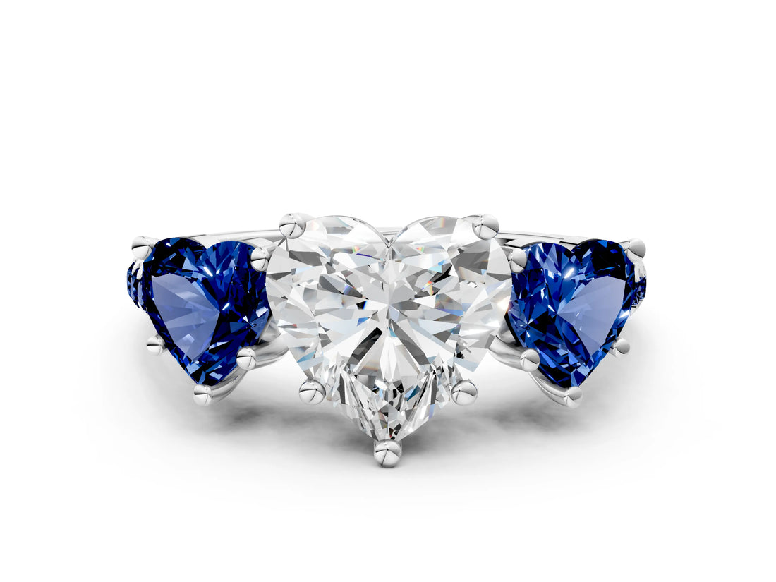 White gold Three-Stone Heart Cut Diamond Ring with Round with Blue Sapphire side stone Pavé Band and Prong Setting_12