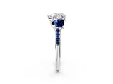 White gold Three-Stone Heart Cut Diamond Ring with Round with Blue Sapphire side stone Pavé Band and Prong Setting_14