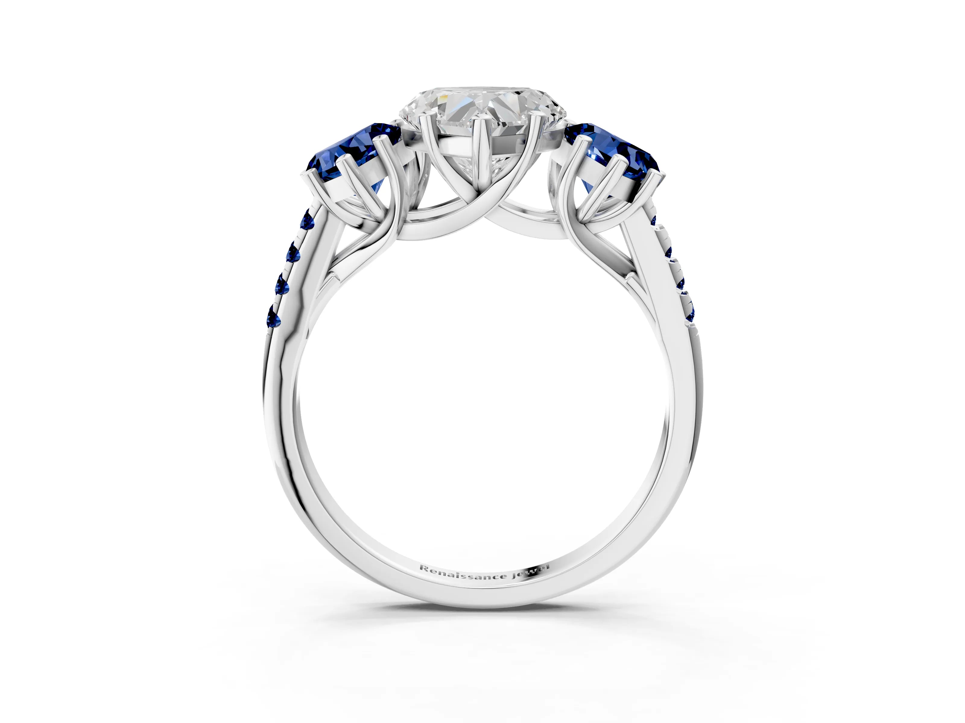 White gold Three-Stone Heart Cut Diamond Ring with Round with Blue Sapphire side stone Pavé Band and Prong Setting_3
