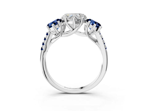 White gold Three-Stone Heart Cut Diamond Ring with Round with Blue Sapphire side stone Pavé Band and Prong Setting_3