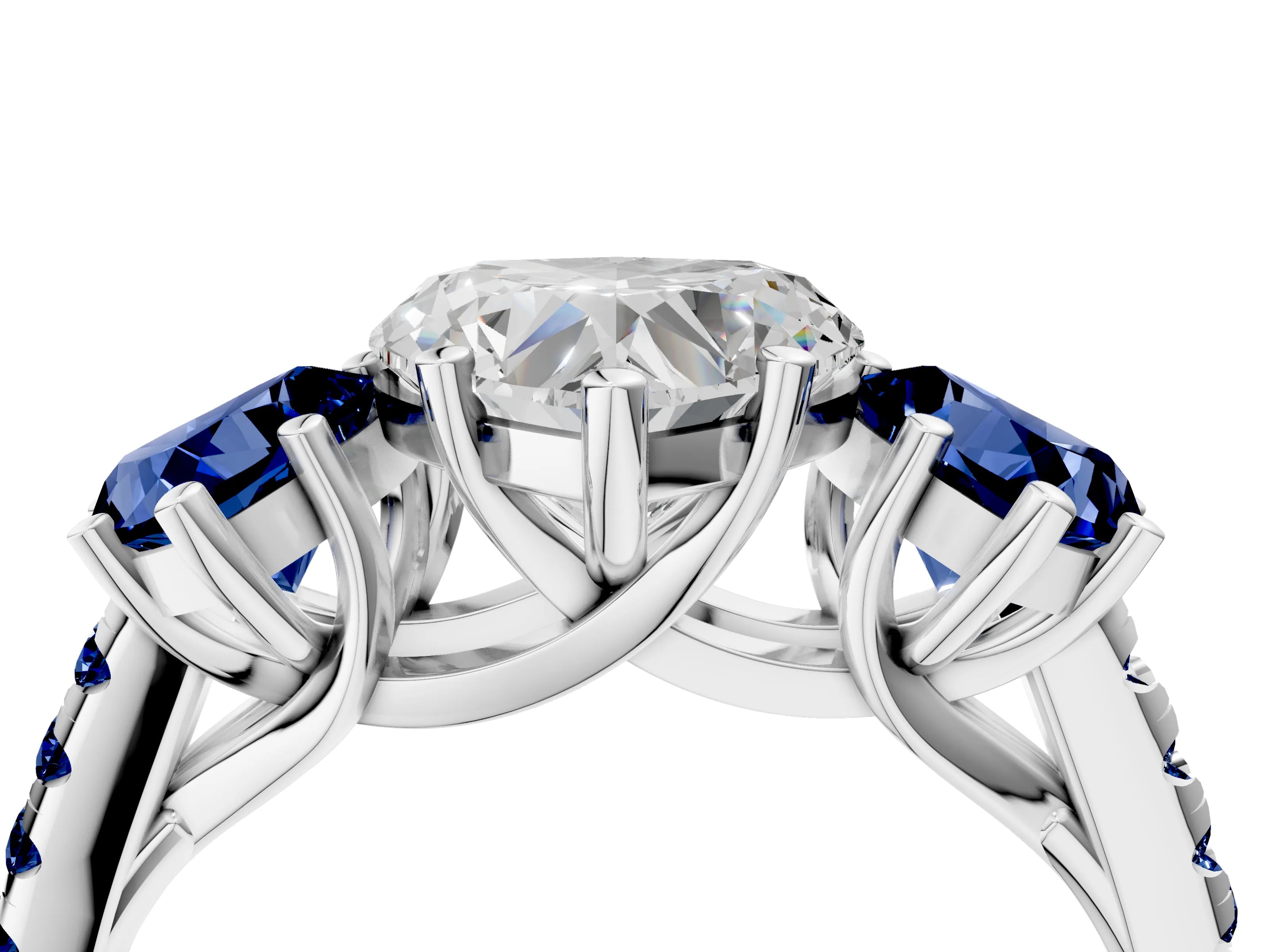 White gold Three-Stone Heart Cut Diamond Ring with Round with Blue Sapphire side stone Pavé Band and Prong Setting_4