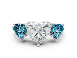 White gold Three-Stone Heart Cut Diamond Ring with Round with Blue Topaz side stone Pavé Band and Prong Setting