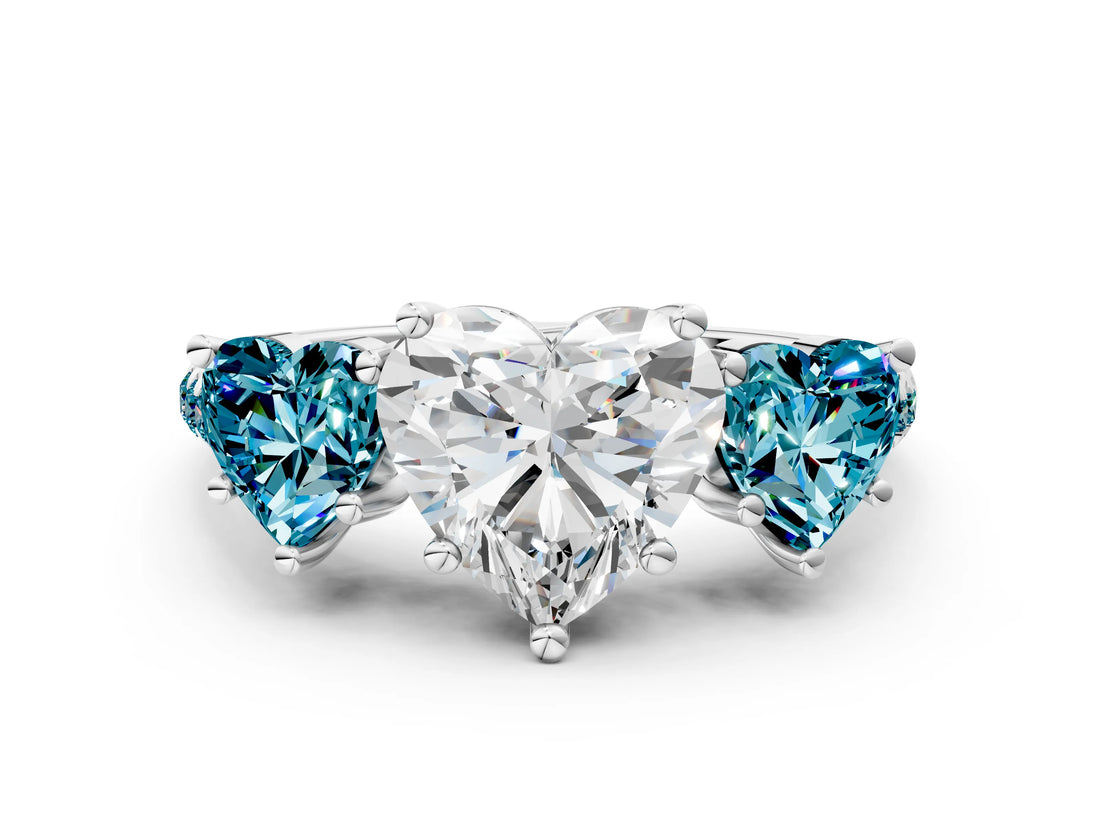 White gold Three-Stone Heart Cut Diamond Ring with Round with Blue Topaz side stone Pavé Band and Prong Setting_12