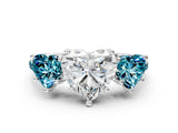 White gold Three-Stone Heart Cut Diamond Ring with Round with Blue Topaz side stone Pavé Band and Prong Setting_12