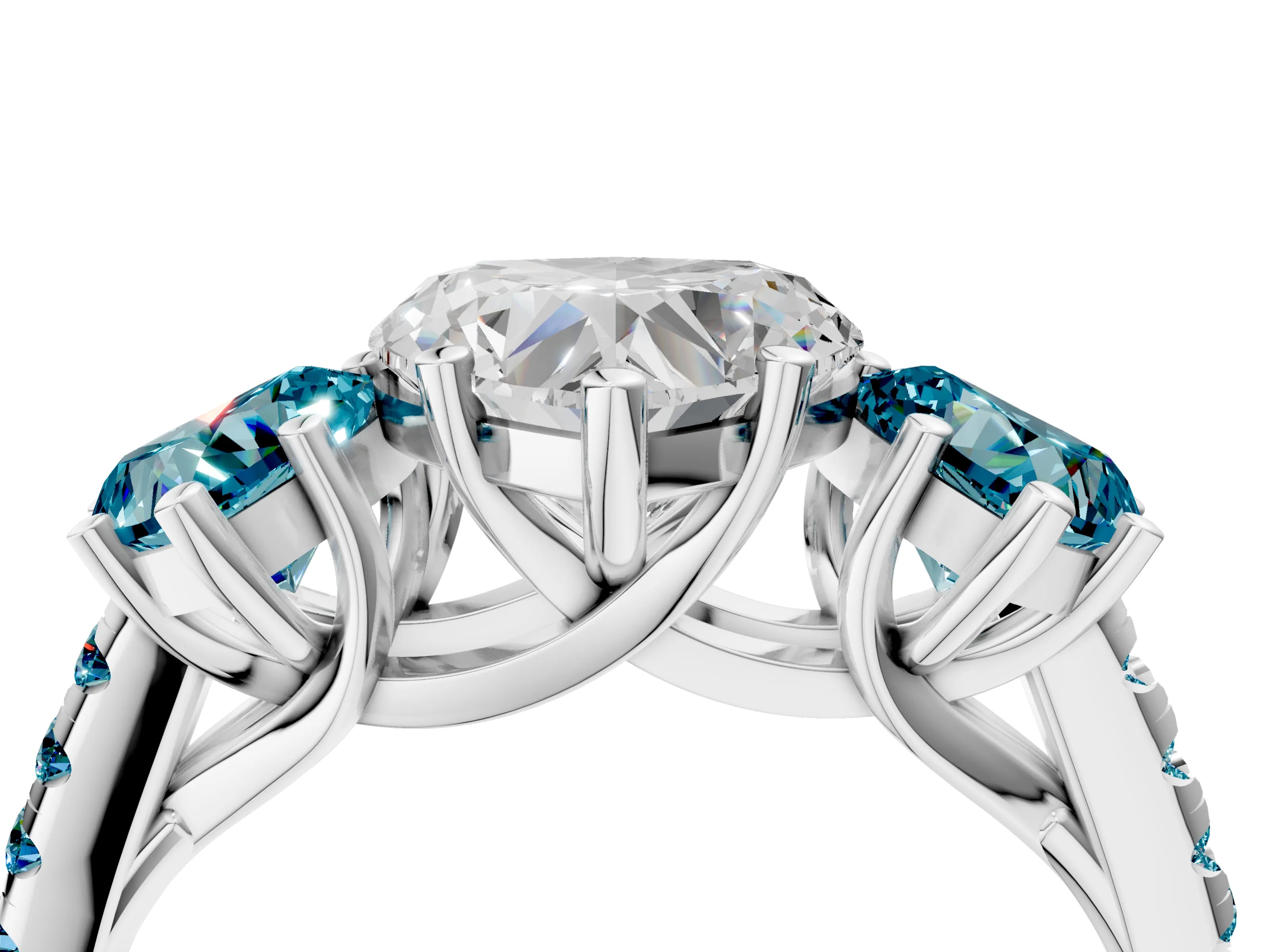 White gold Three-Stone Heart Cut Diamond Ring with Round with Blue Topaz side stone Pavé Band and Prong Setting_4