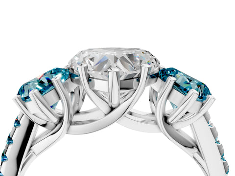 White gold Three-Stone Heart Cut Diamond Ring with Round with Blue Topaz side stone Pavé Band and Prong Setting_4