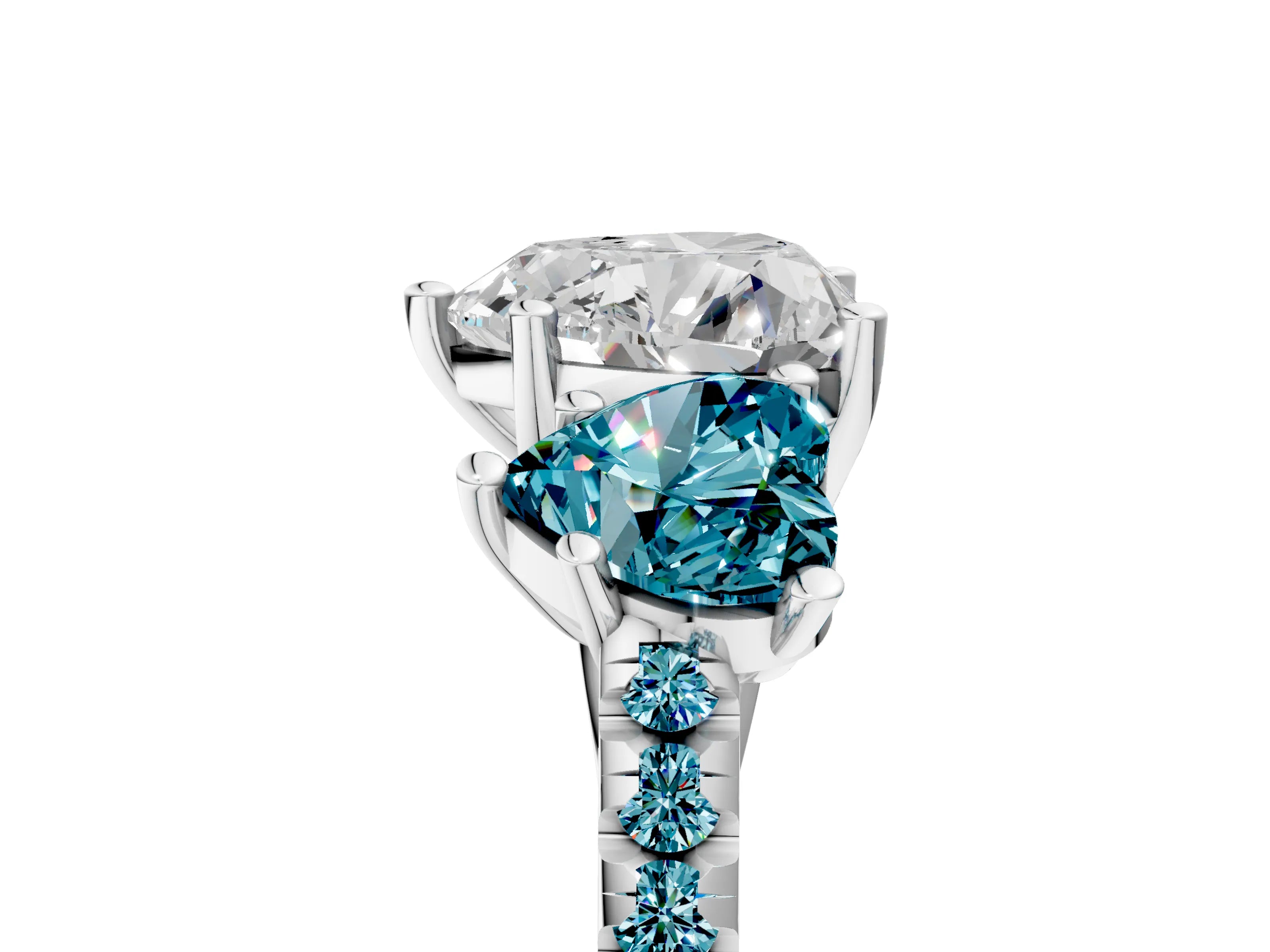 White gold Three-Stone Heart Cut Diamond Ring with Round with Blue Topaz side stone Pavé Band and Prong Setting_5