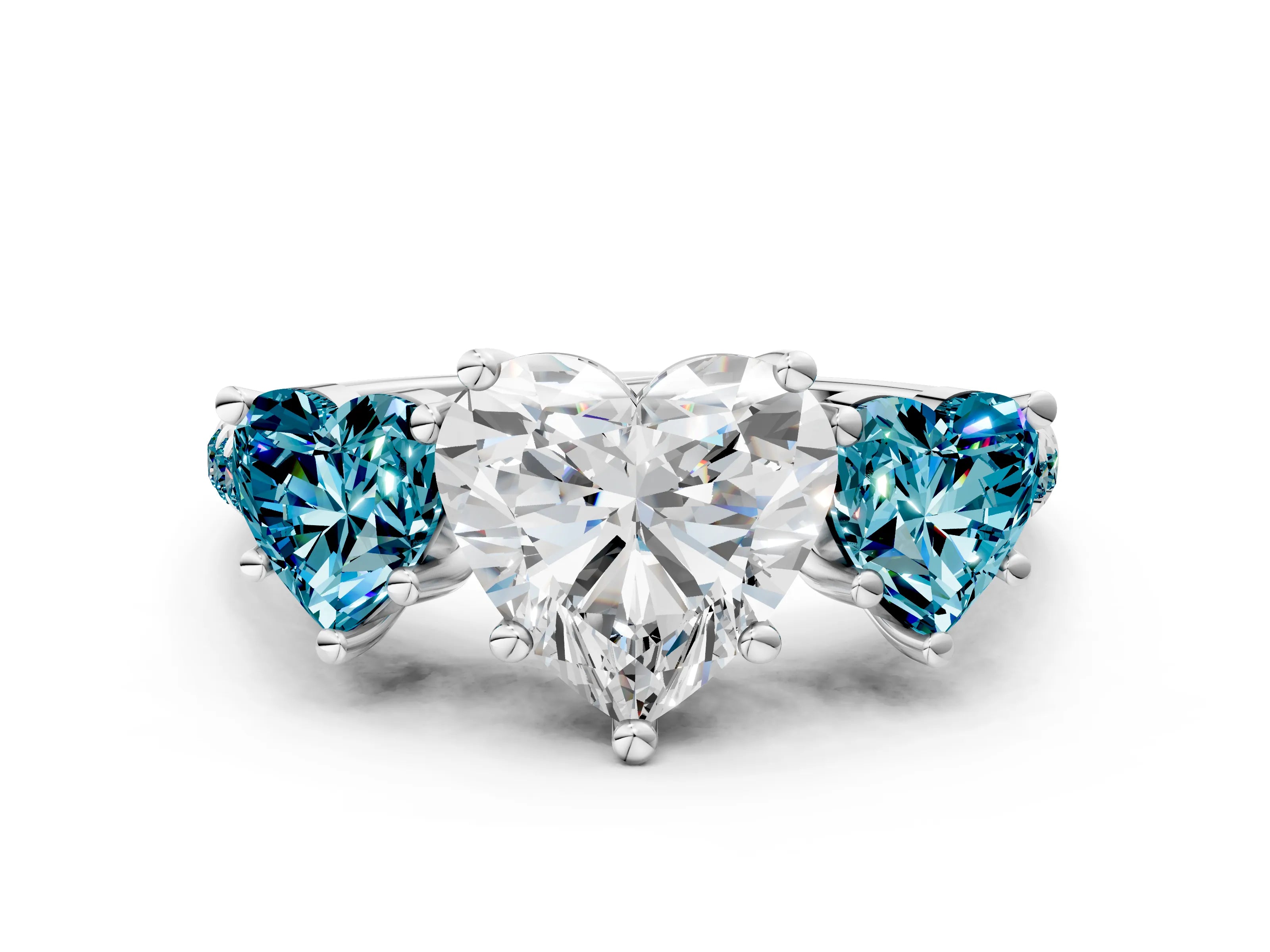 White gold Three-Stone Heart Cut Diamond Ring with Round with Blue Topaz side stone Pavé Band and Prong Setting