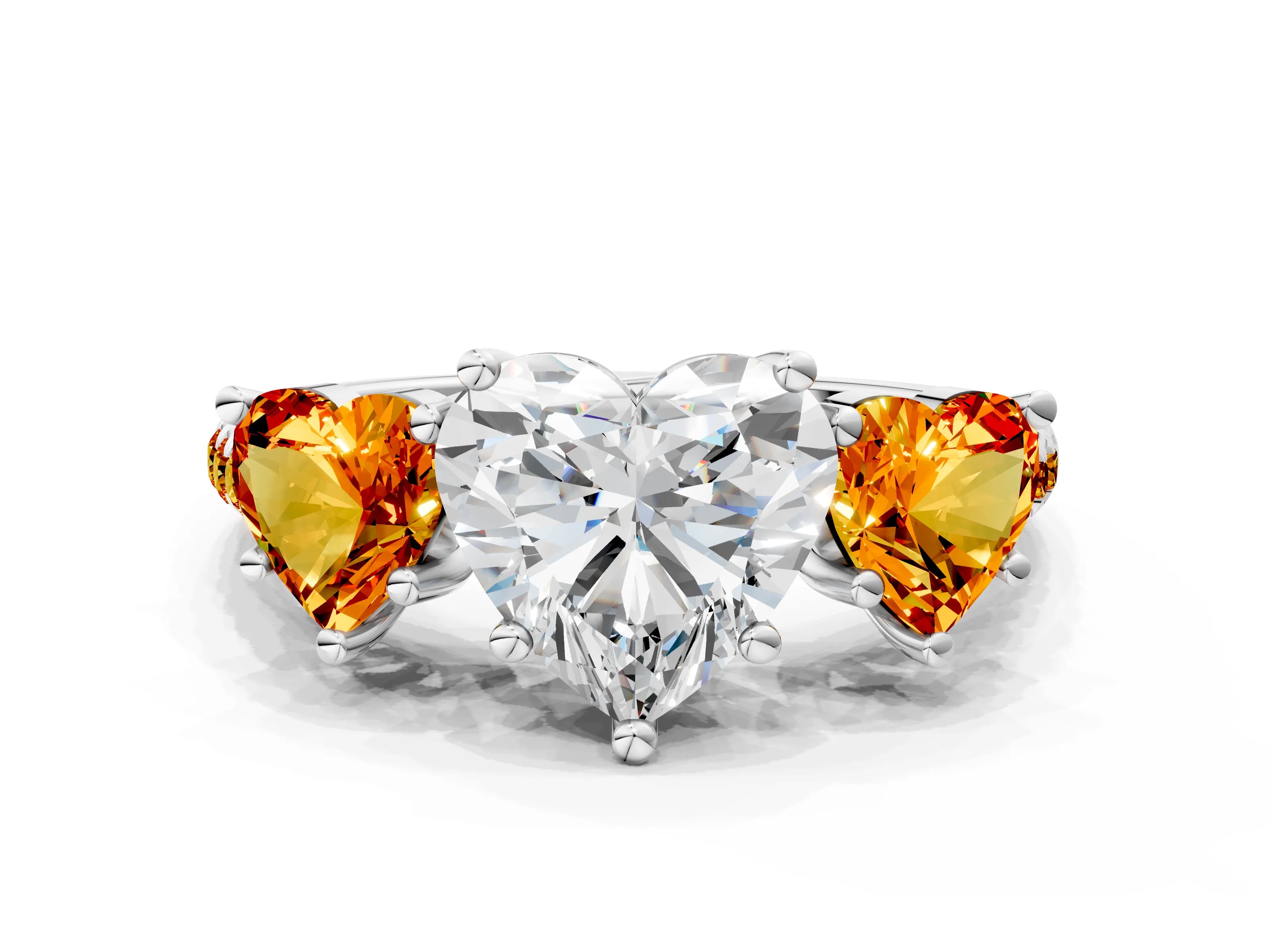 White gold Three-Stone Heart Cut Diamond Ring with Round with Citrine side stone Pavé Band and Prong Setting