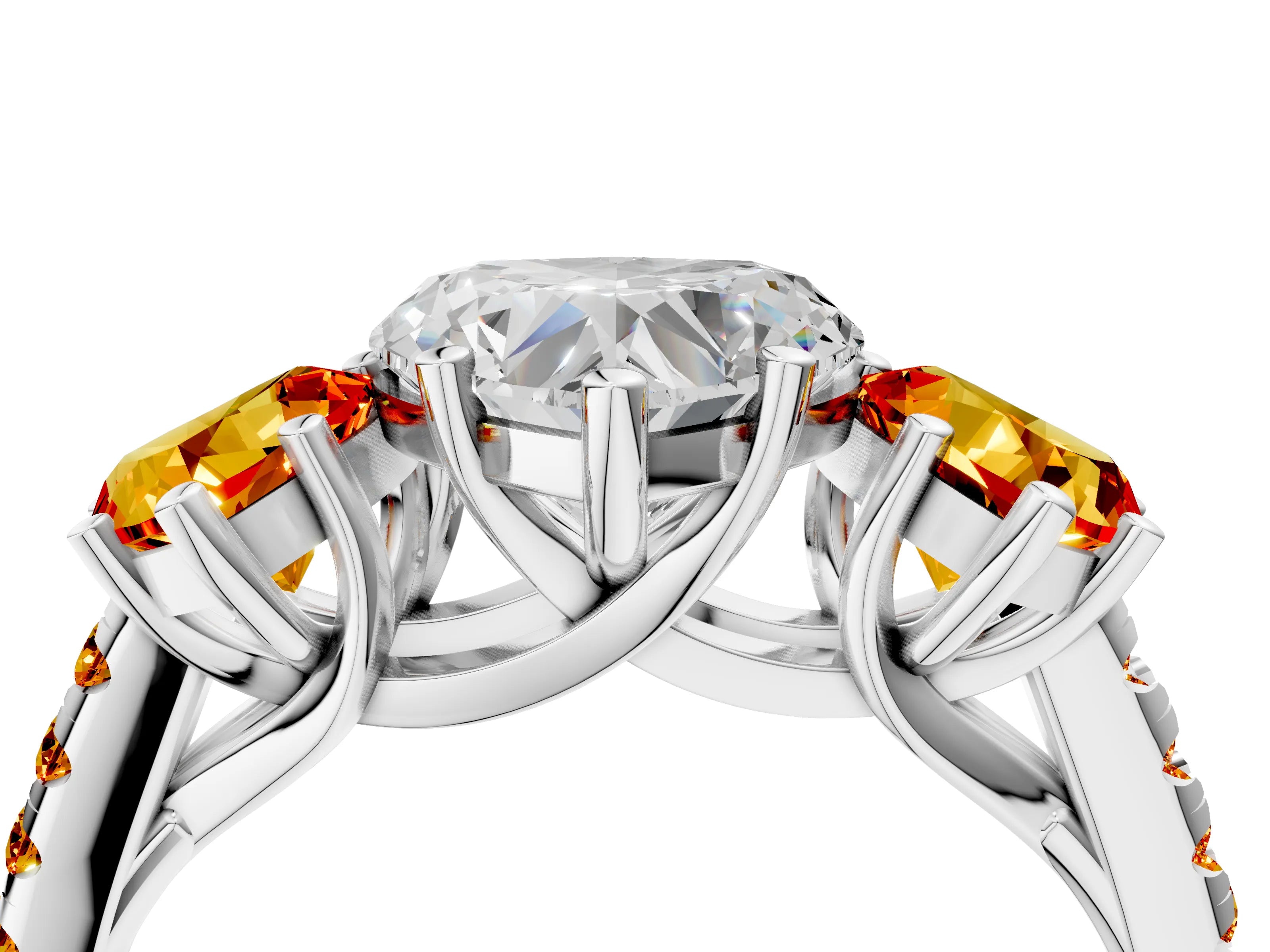 White gold Three-Stone Heart Cut Diamond Ring with Round with Citrine side stone Pavé Band and Prong Setting_4